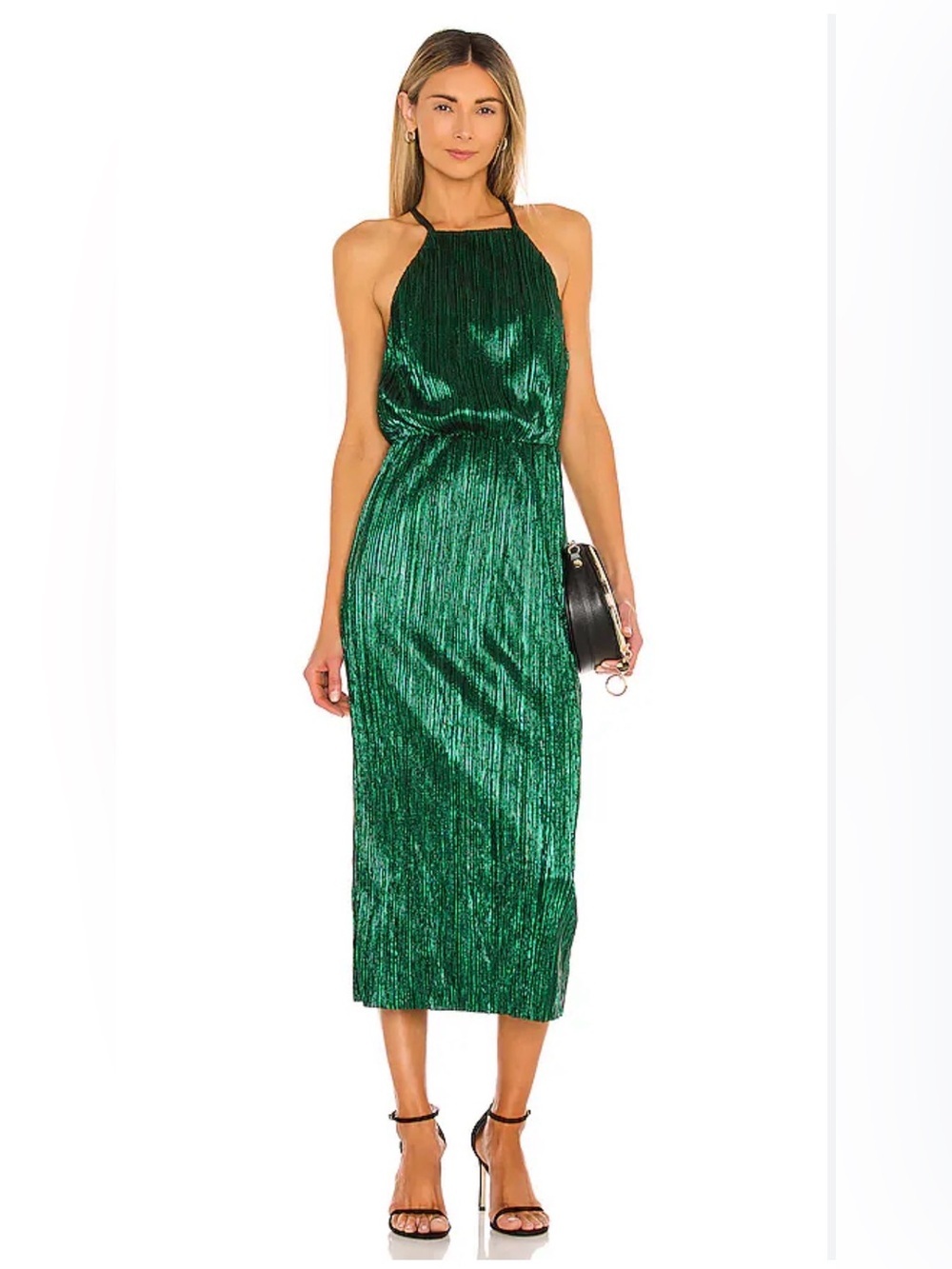 House of Harlow 1960 x Revolve Emerald Green Metallic Pleated Halter Midi Dress